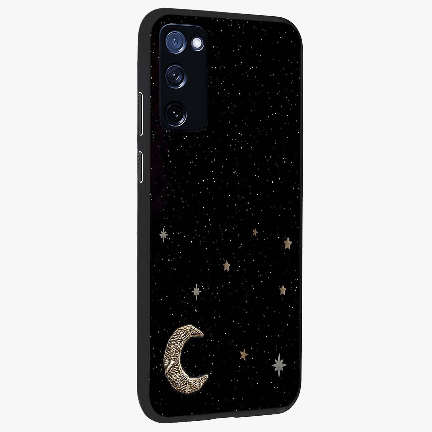 Twinkle Star With Half Moon Glass Case upright view showcasing glowing cosmic artwork with dreamy night theme.