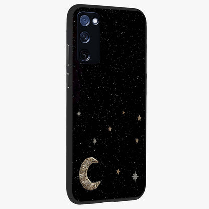 Twinkle Star With Half Moon Glass Case upright view showcasing glowing cosmic artwork with dreamy night theme.