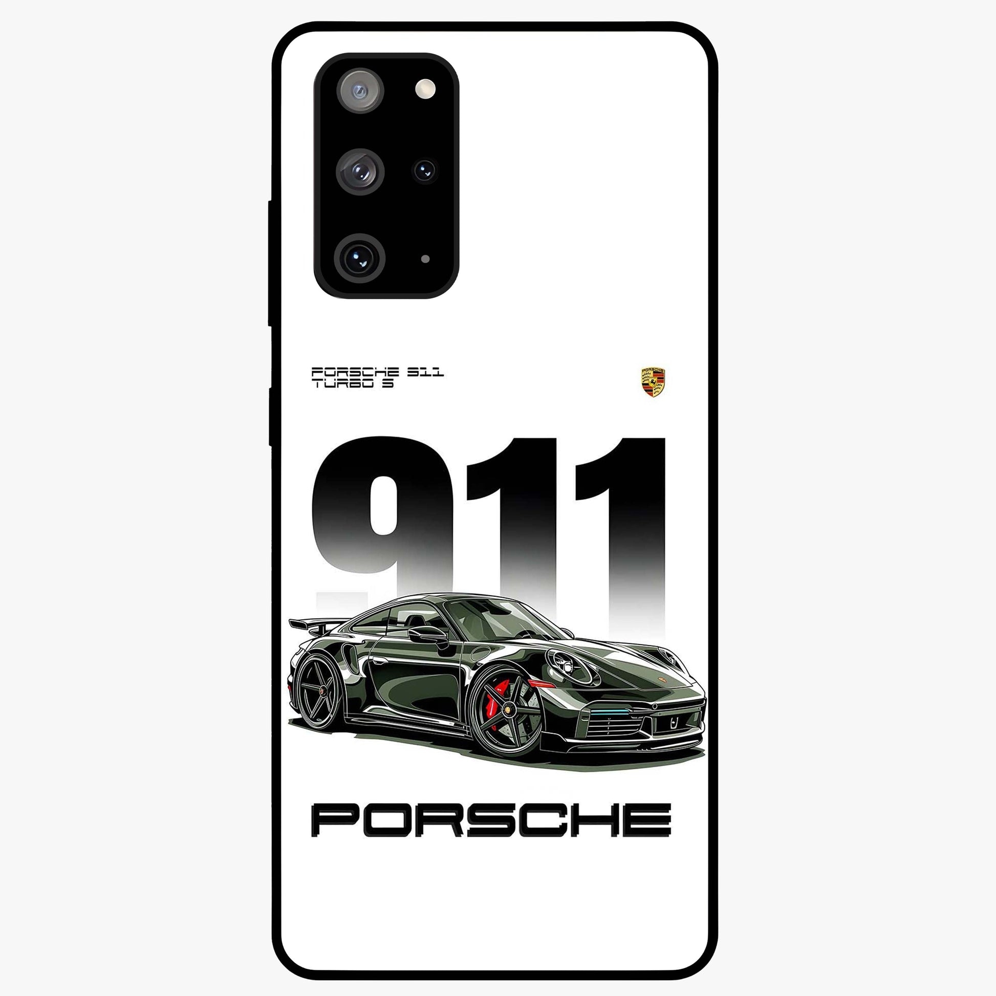 911 Turbo Dominance Glass Case showing clean flat back view with bold 911 sports car artwork and glossy glass finish.