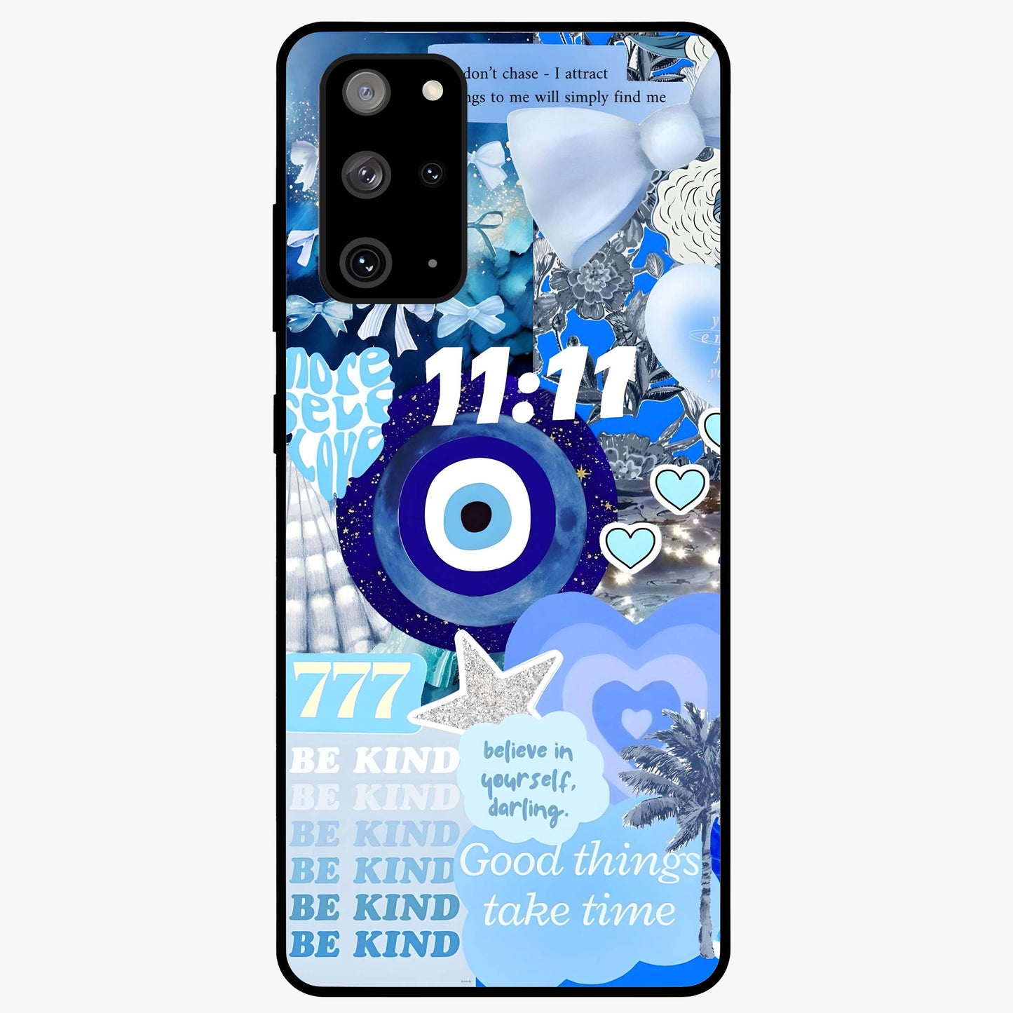 Aesthetic Be Kind Eye Glass Case showing flat back view with motivational eye artwork and glossy glass finish.