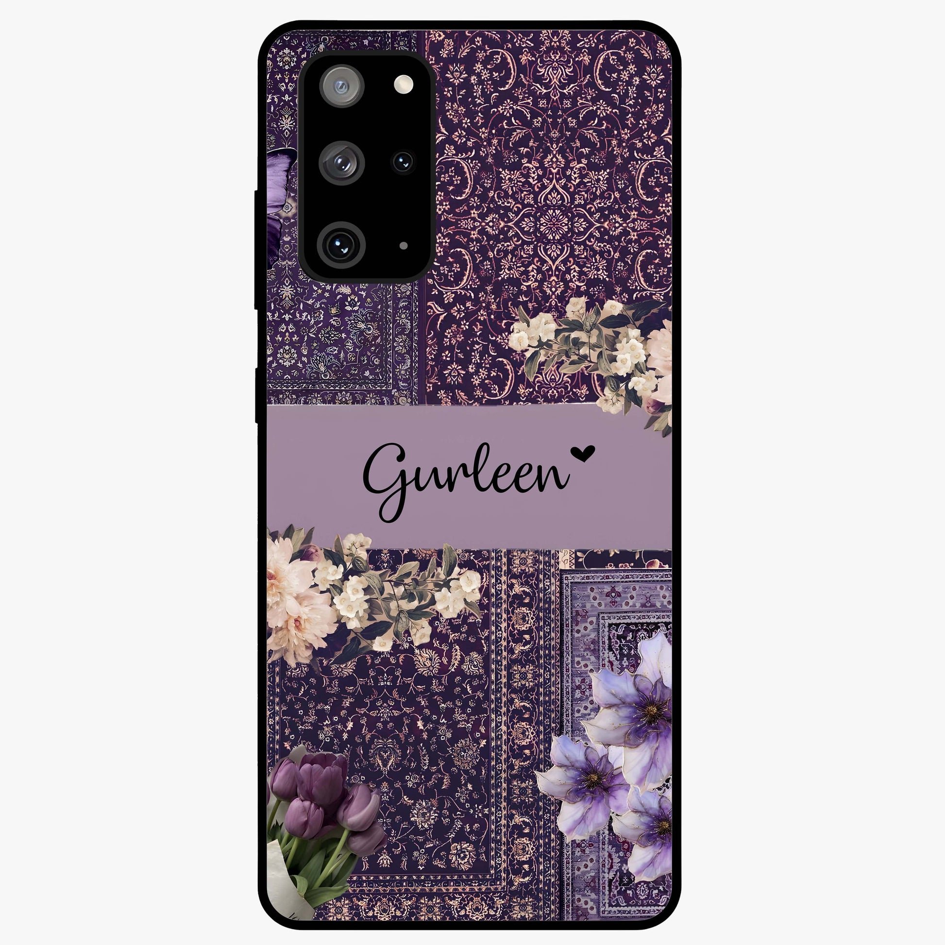 Antique Floral Whisper Custom Name Glass Case showing flat back view with vintage floral artwork and personalized name design.