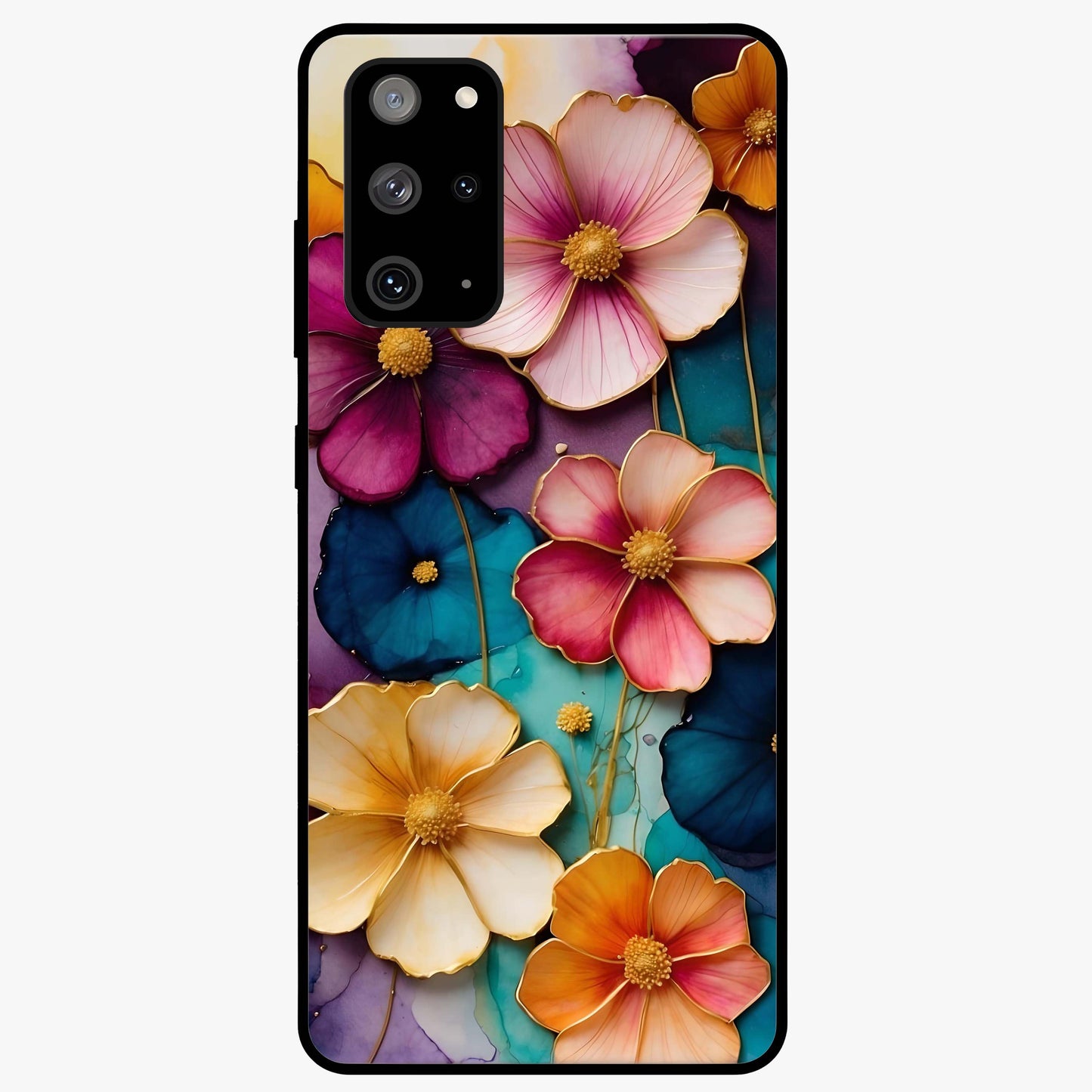 Artlyn Grace Flower Pattern Glass Case showing flat back view with elegant floral pattern artwork and glossy glass finish.