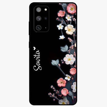 Black Elegance Floral Custom Name Glass Case showing flat back view with elegant floral artwork and personalized name design.