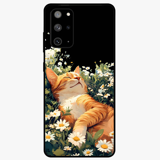 Blissful Bloom Cat Glass Case showing flat back view with cute cat and floral bloom artwork and glossy glass finish.