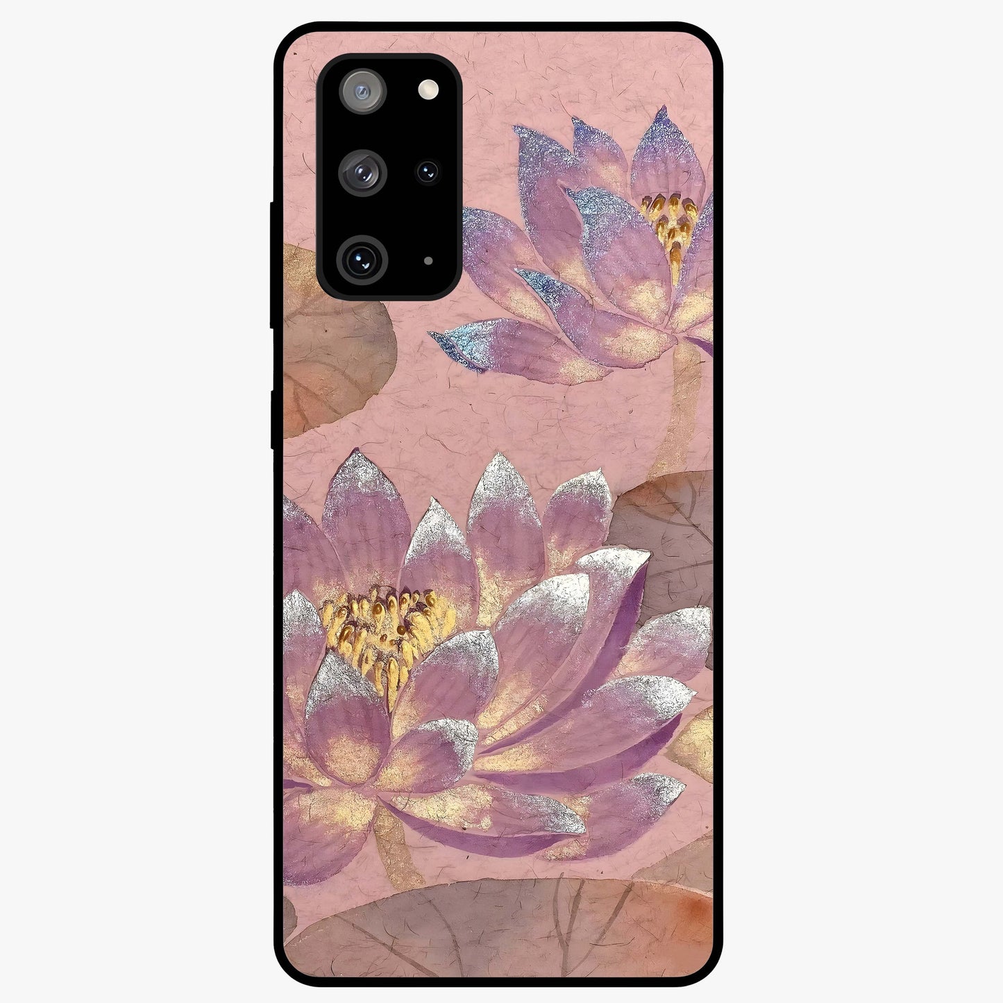 Blossom Mist Lotus Glass Case showing flat back view with serene lotus blossom artwork and glossy glass finish.