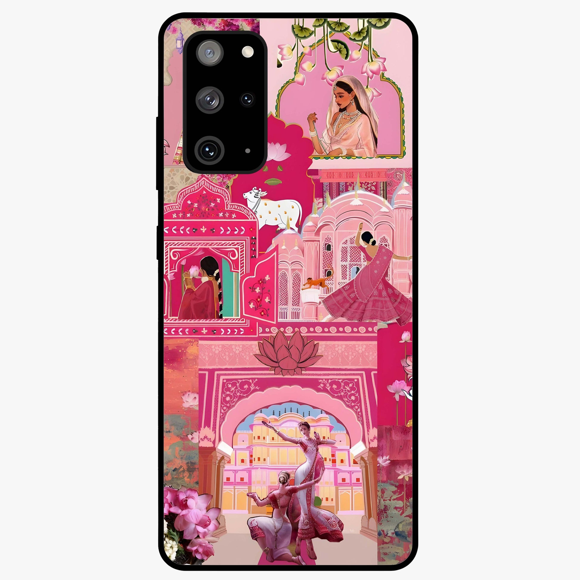 Blossoms of Rajasthan Glass Case showing flat back view with traditional floral artwork inspired by Rajasthan and glossy glass finish.