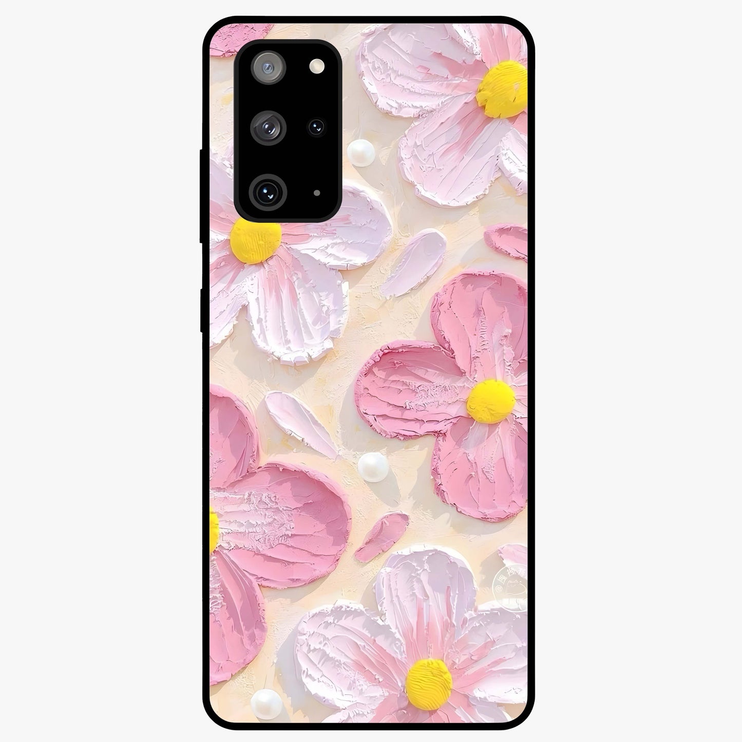 Blush Bloom Texture Glass Case showing flat back view with soft blush floral texture artwork and glossy glass finish.