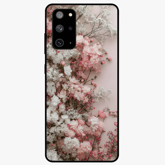 Blush Blossom Cloud Glass Case showing flat back view with dreamy blush cloud blossom artwork and glossy glass finish.
