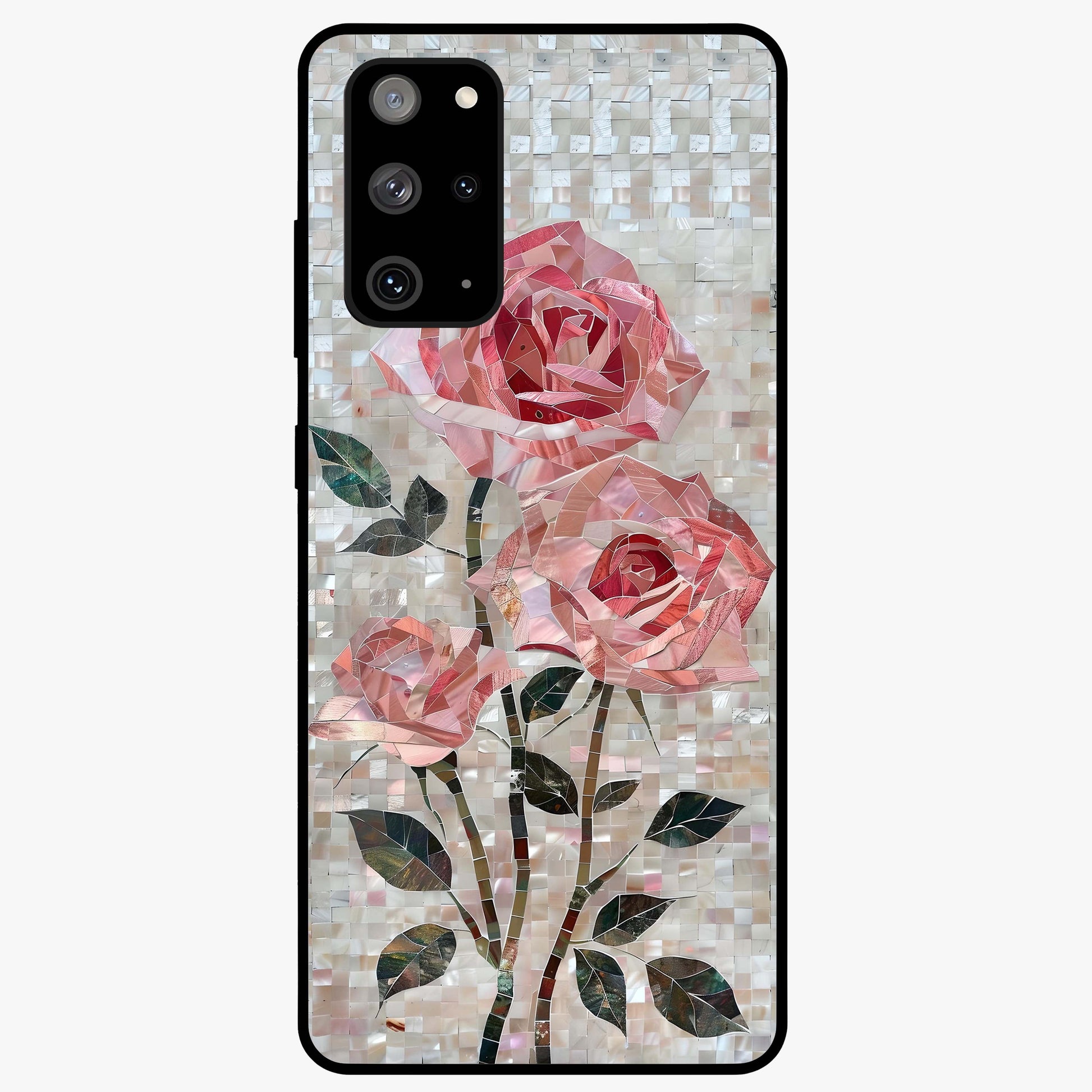 Blush Mosaic Bloom Glass Case showing flat back view with mosaic floral bloom artwork and glossy glass finish.