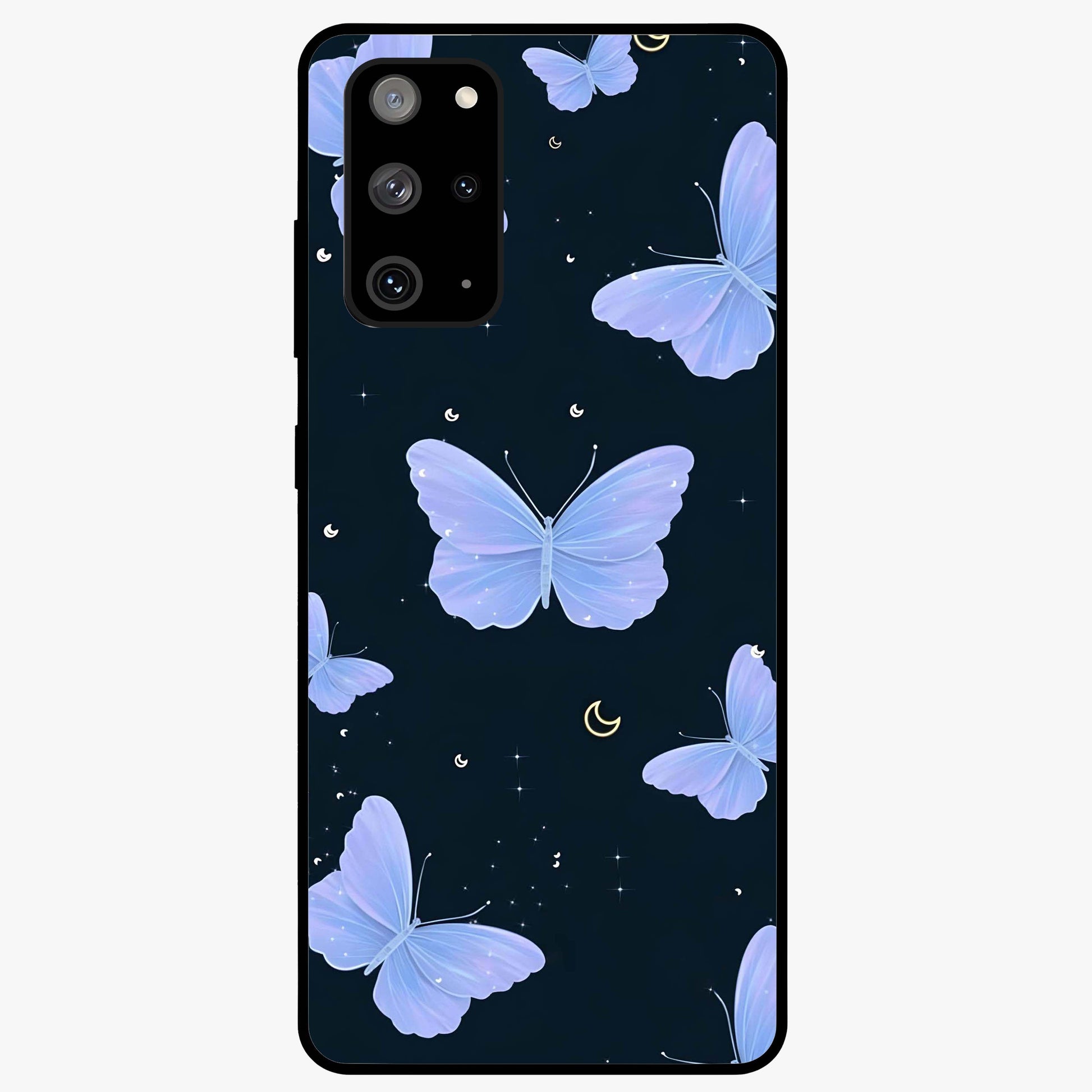 Butterfly With Stars Pattern Glass Case showing flat back view with butterfly and star pattern artwork and glossy glass finish.