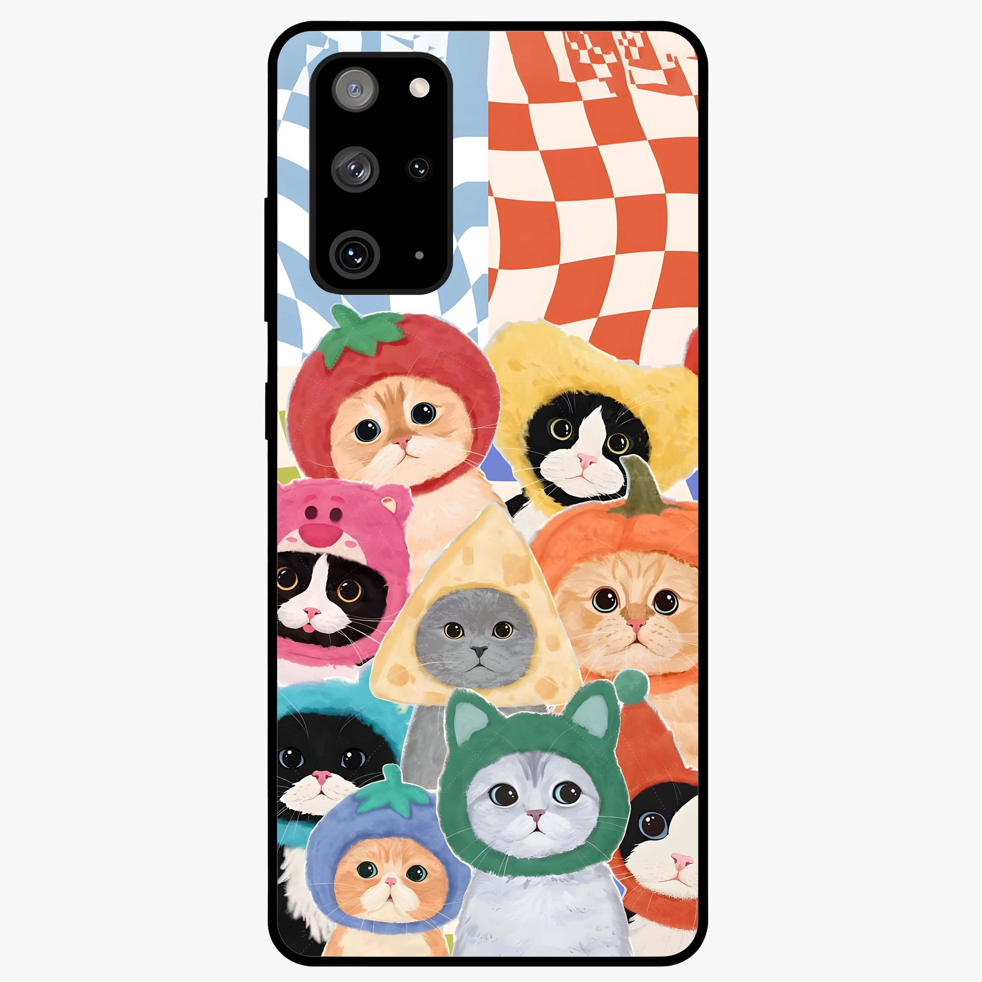 Cats in Fruits Glass Case showing flat back view with playful cat illustrations inside fruit artwork and glossy glass finish.