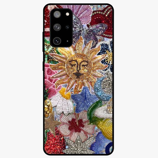 Celestial Floral and Playful Glass Case showing flat back view with floral and celestial themed artwork and glossy glass finish.