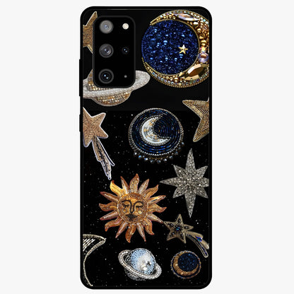 Celestial Gem Constellations Glass Case showing flat back view with sparkling constellation artwork and glossy glass finish.