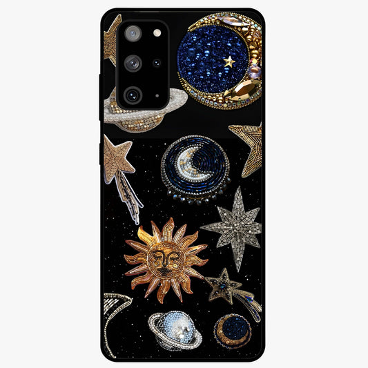 Celestial Gem Constellations Glass Case showing flat back view with sparkling constellation artwork and glossy glass finish.