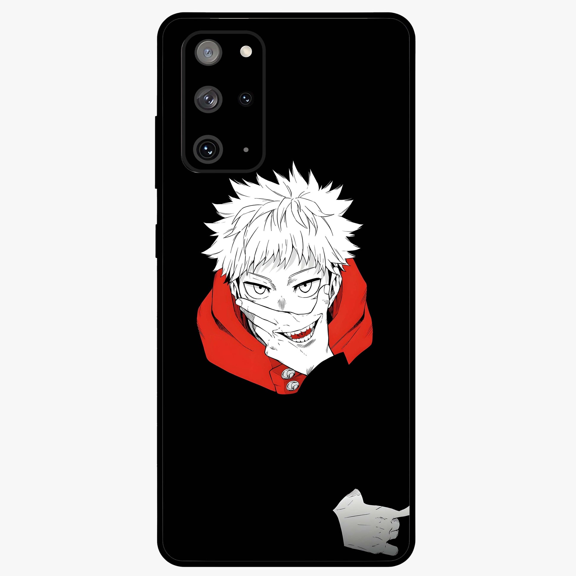 Crimson Chaos Smile Glass Case showing flat back view with bold chaotic smile artwork and glossy glass finish.