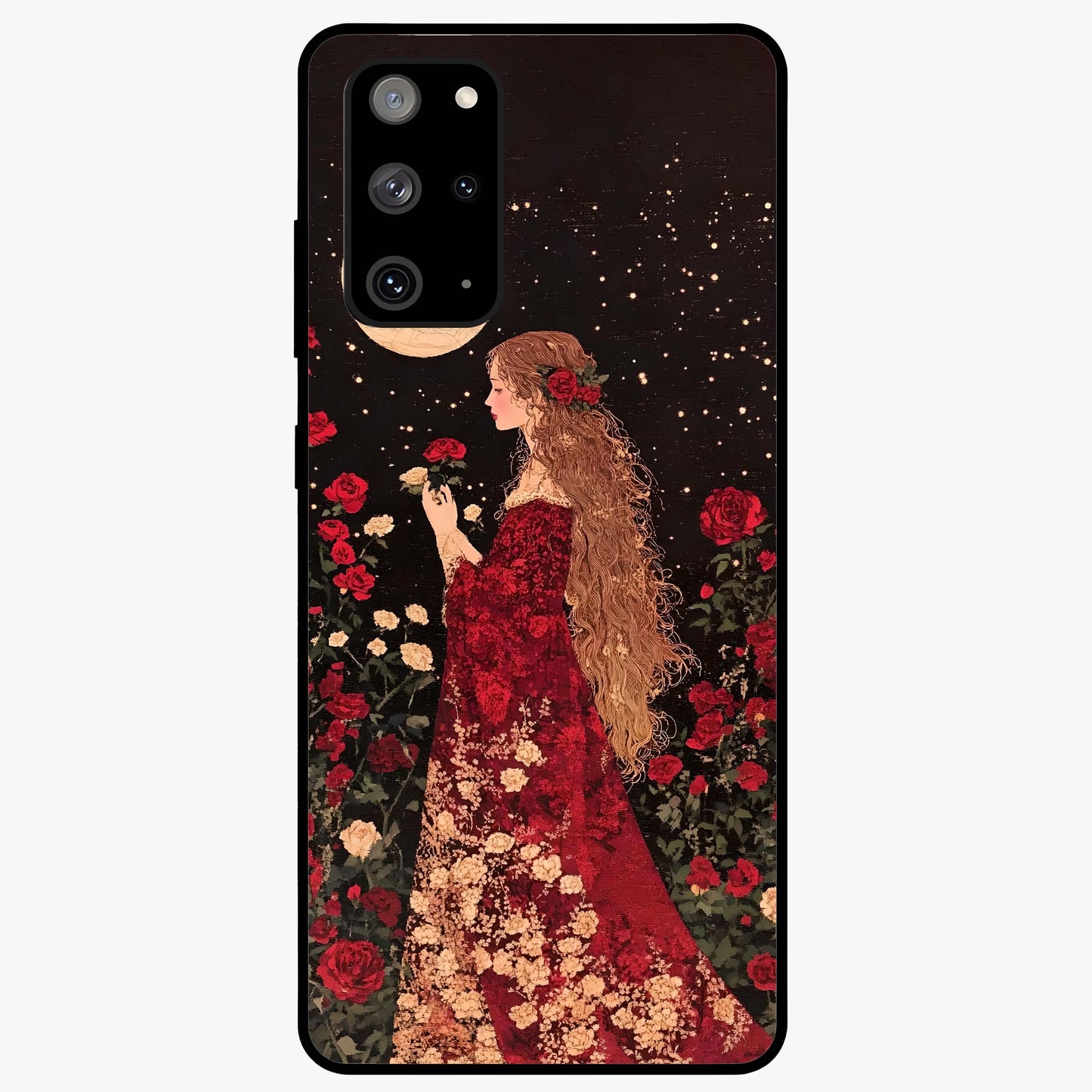 Crimson Dreams Glass Case showing flat back view with dreamy crimson artwork and glossy glass finish.