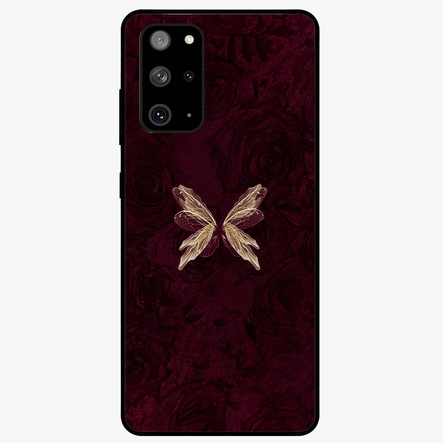 Crimson Fade Butterfly Glass Case showing flat back view with fading butterfly artwork and glossy glass finish.