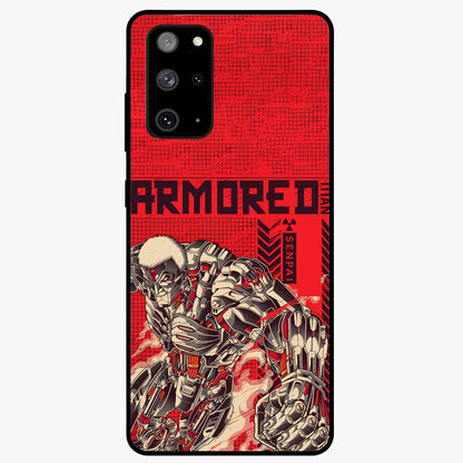 Crimson Mecha Titan Glass Case showing flat back view with powerful mech titan artwork and glossy glass finish.