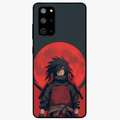 Crimson Moon Warlord Glass Case showing flat back view with mystical moon warrior artwork and glossy glass finish.