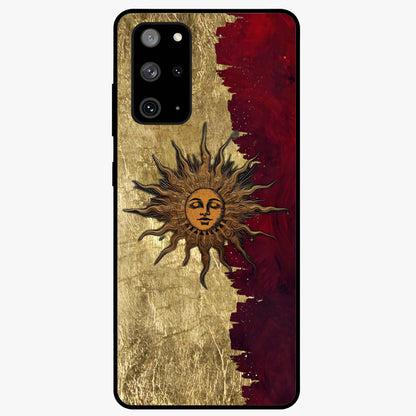 Crimson Sun Majesty Glass Case showing flat back view with radiant sun inspired artwork and glossy glass finish.