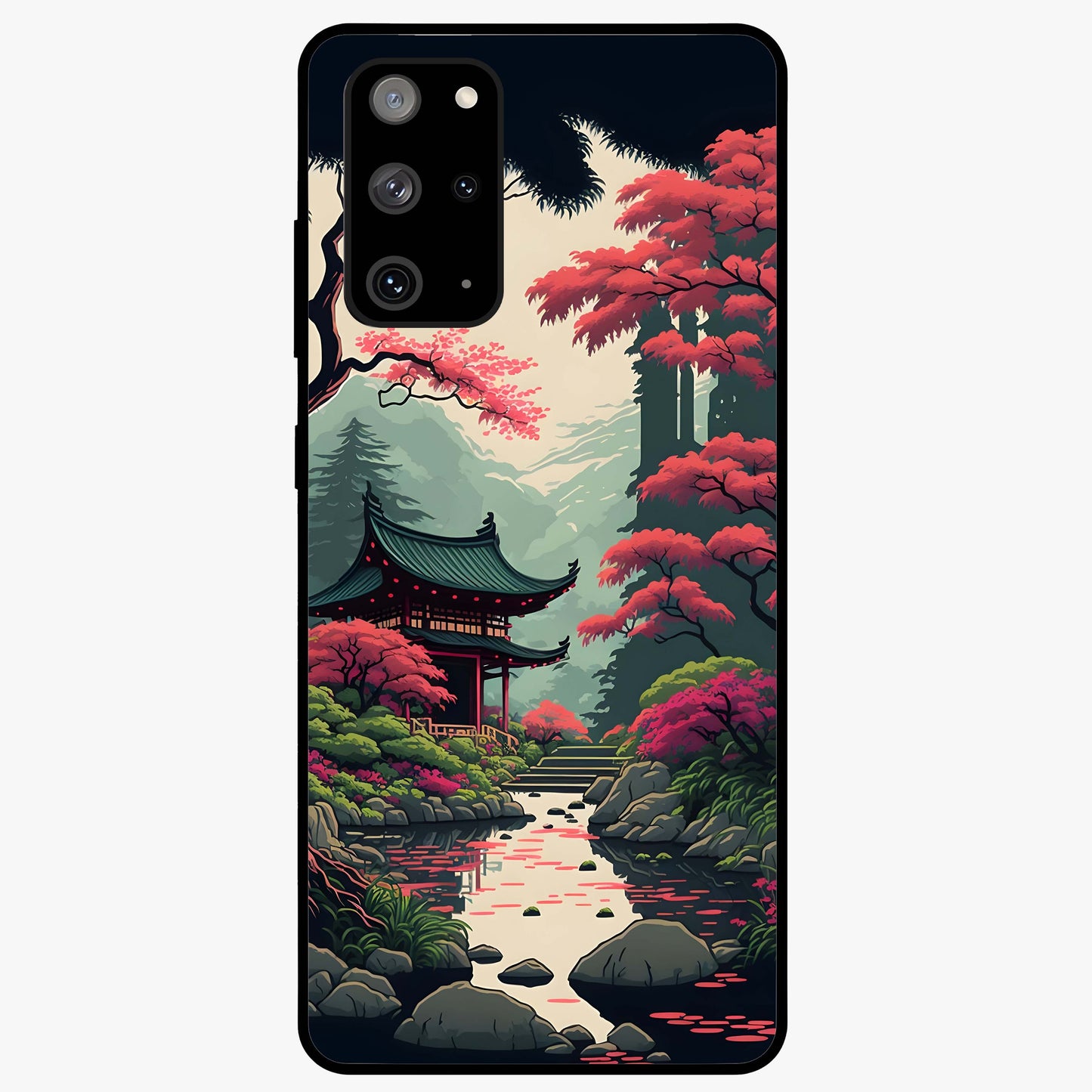 Crimson Temple View Glass Case showing flat back view with temple inspired artwork and glossy glass finish.