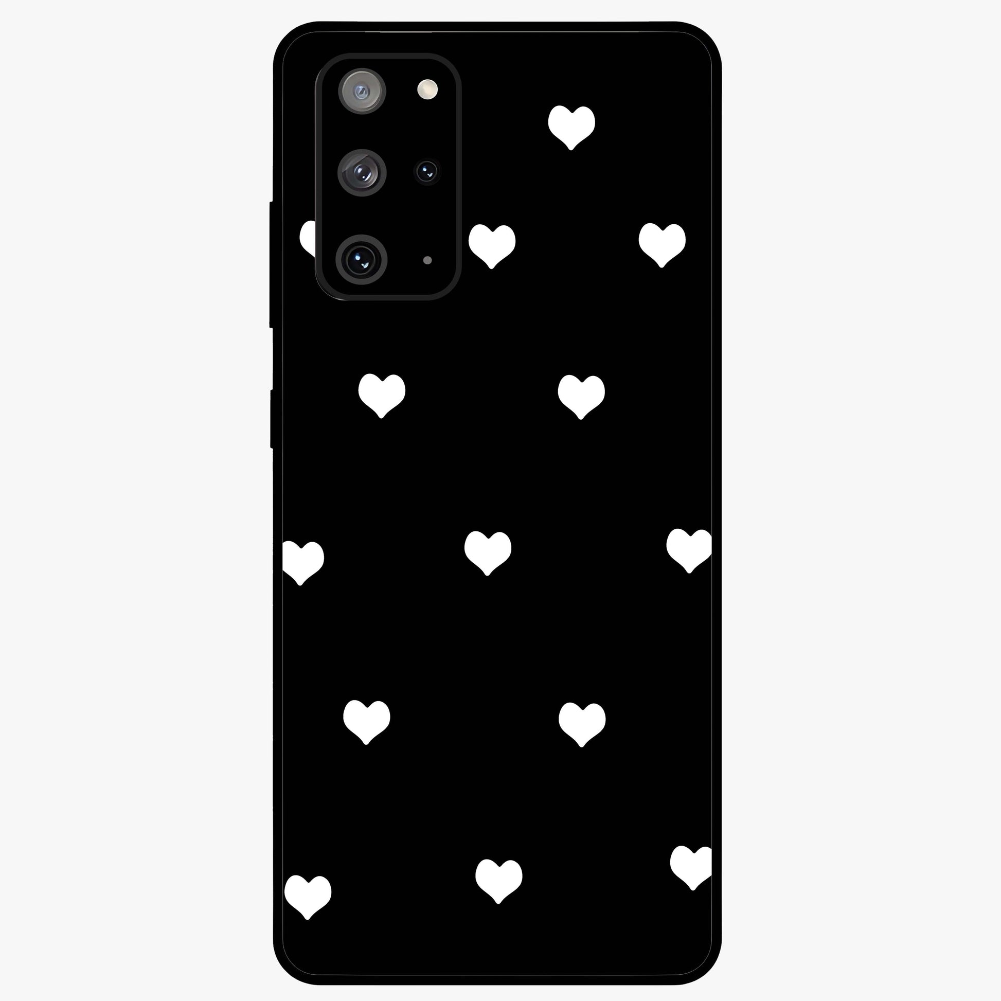 Cute And Simple White Hearts Glass Case showing flat back view with minimal white heart pattern and glossy glass finish.