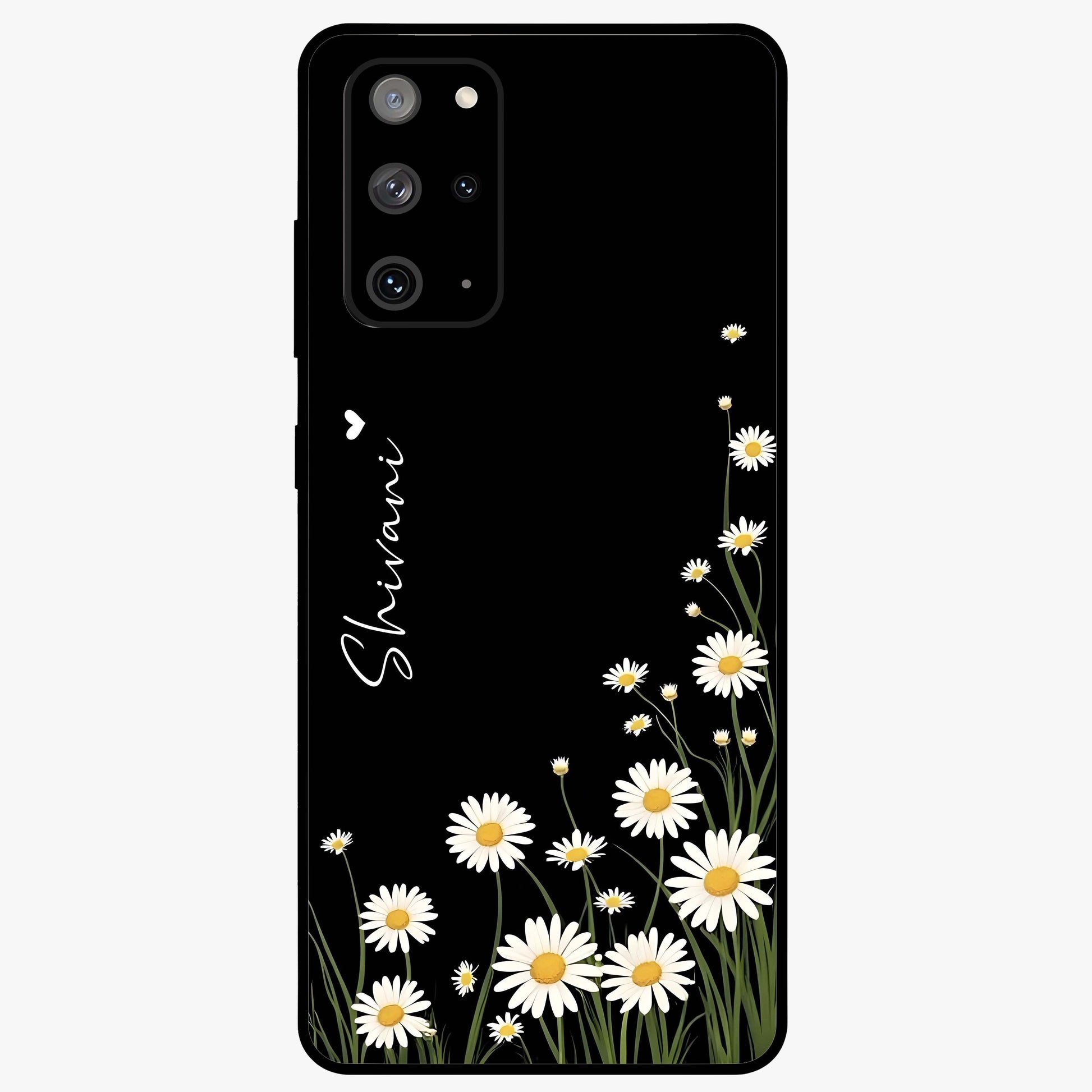 Daisy Cascade Custom Name Glass Case showing flat back view with cascading daisy flowers and personalized name design.