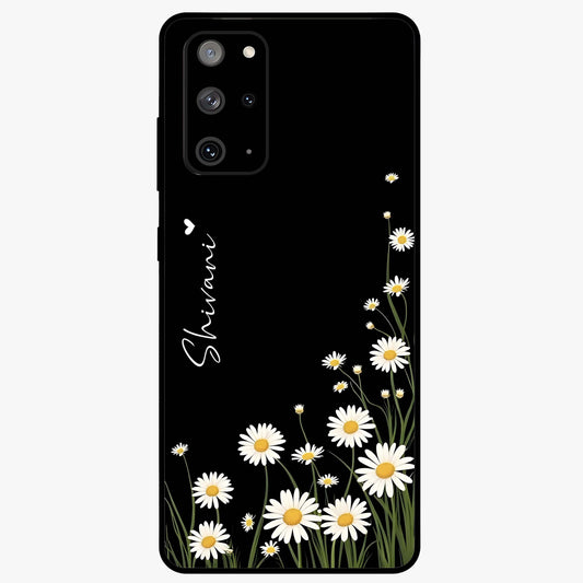 Daisy Cascade Custom Name Glass Case showing flat back view with cascading daisy flowers and personalized name design.