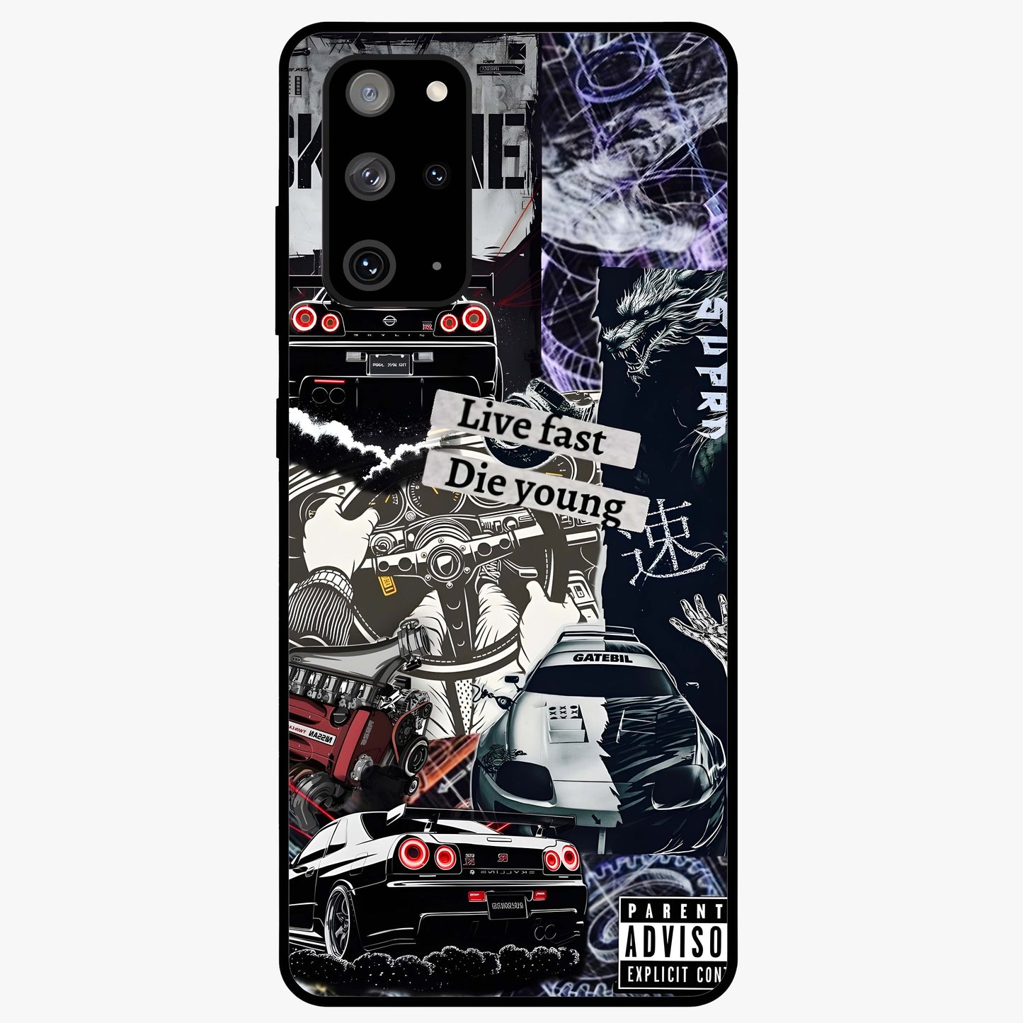 Die Young Glass Case showing flat back view with bold artistic typography design and glossy glass finish.
