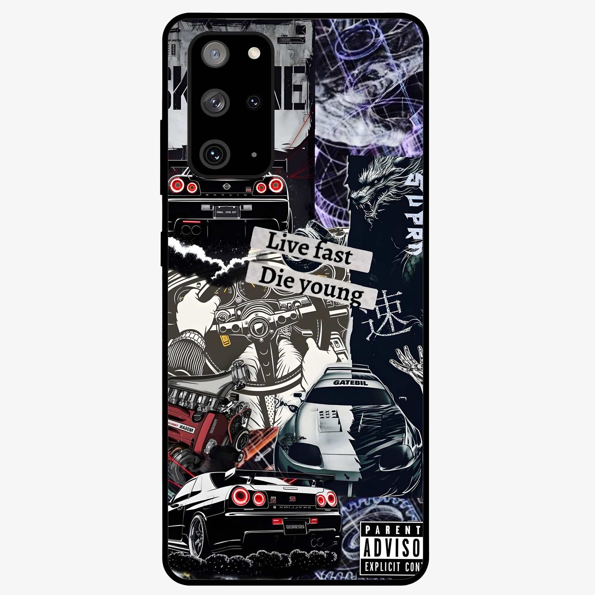 Die Young Glass Case showing flat back view with bold artistic typography design and glossy glass finish.