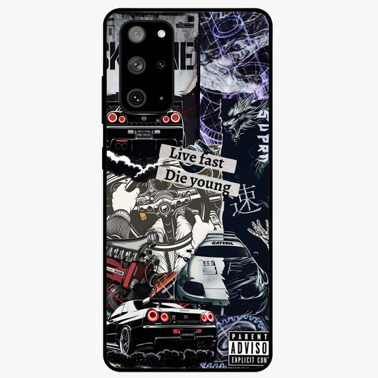 Die Young Glass Case showing flat back view with bold artistic typography design and glossy glass finish.