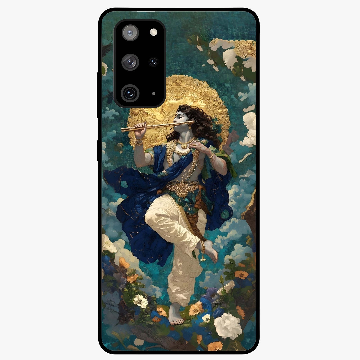 Divine Krishna Art Glass Case showing flat back view with Lord Krishna artwork and glossy glass finish.