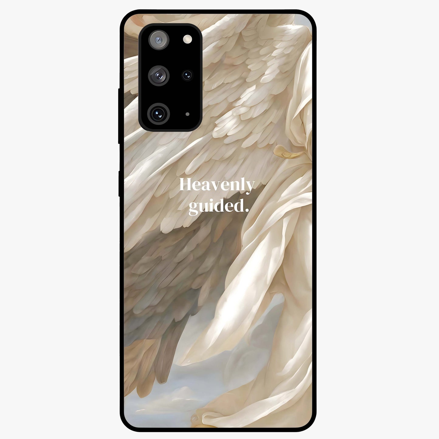 Divine Winged Grace Glass Case showing flat back view with elegant wing inspired artwork and glossy glass finish.