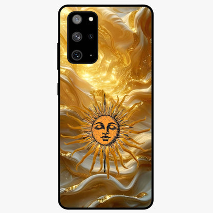 Eternal Golden Glow Glass Case showing flat back view with radiant golden themed artwork and glossy glass finish.