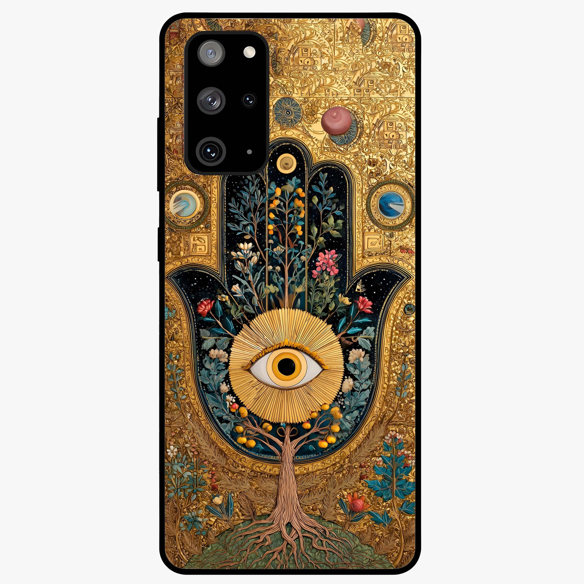 Ethereal Evil Eye Glass Case showing flat back view with mystical evil eye artwork and glossy glass finish.