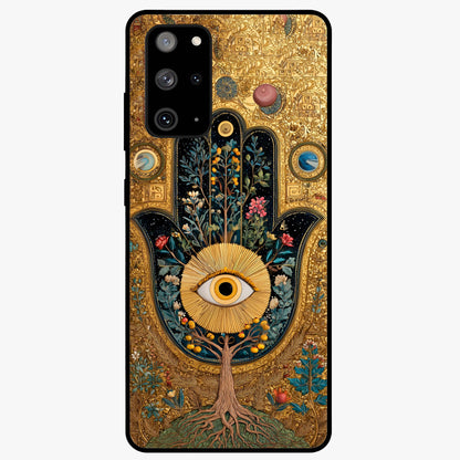 Ethereal Evil Eye Glass Case showing flat back view with mystical evil eye artwork and glossy glass finish.