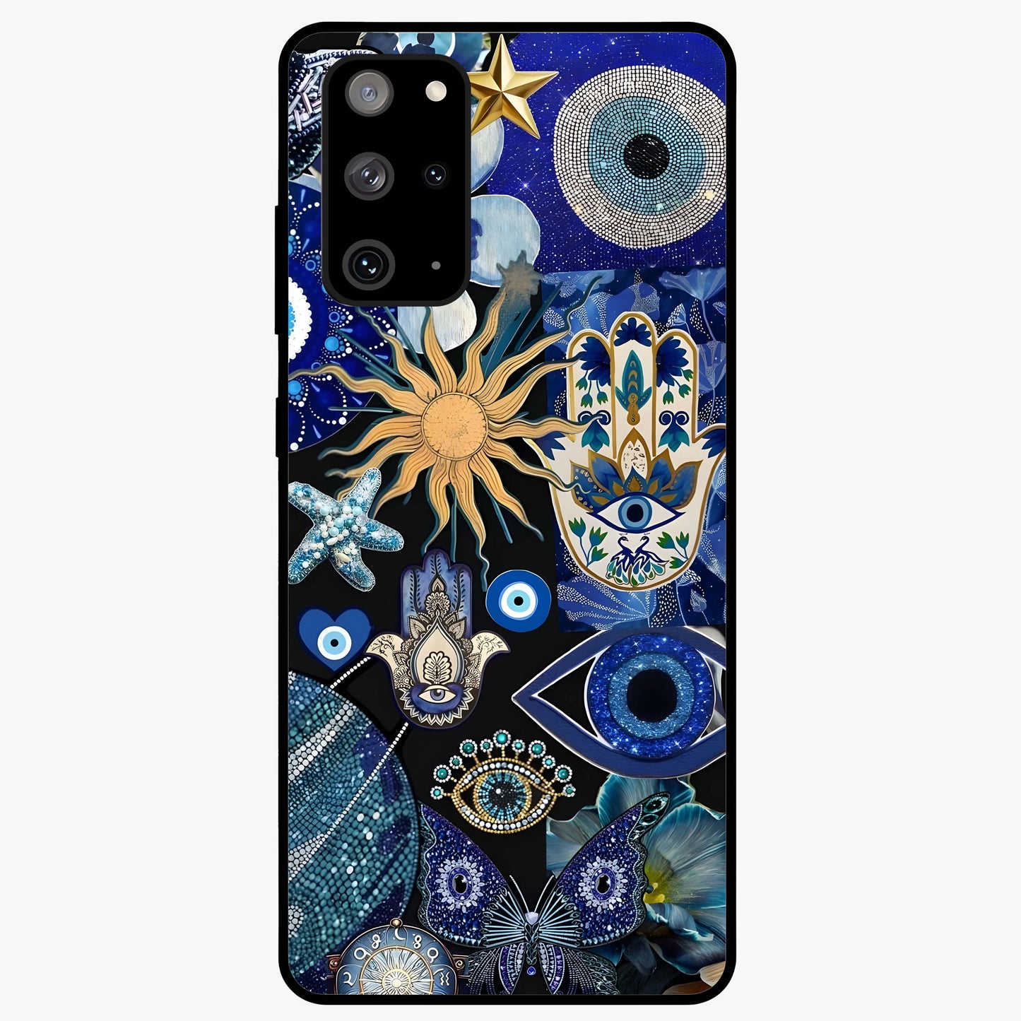 Evil Eye Charm Mix Glass Case showing flat back view with multiple evil eye charms artwork and glossy glass finish.