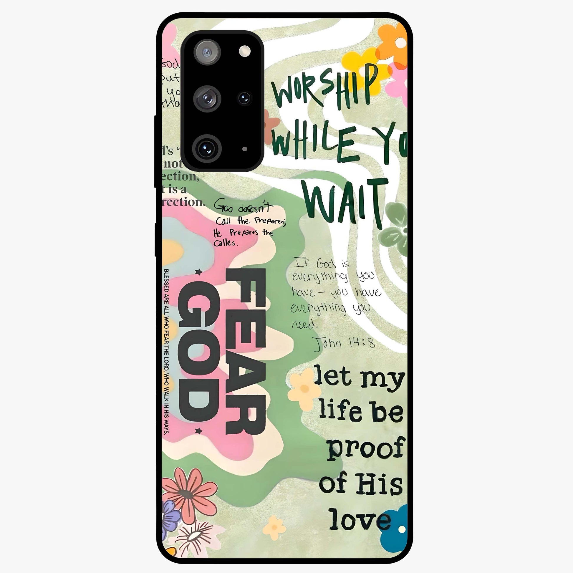 Faith Over Fear Glass Case showing flat back view with motivational typography artwork and glossy glass finish.