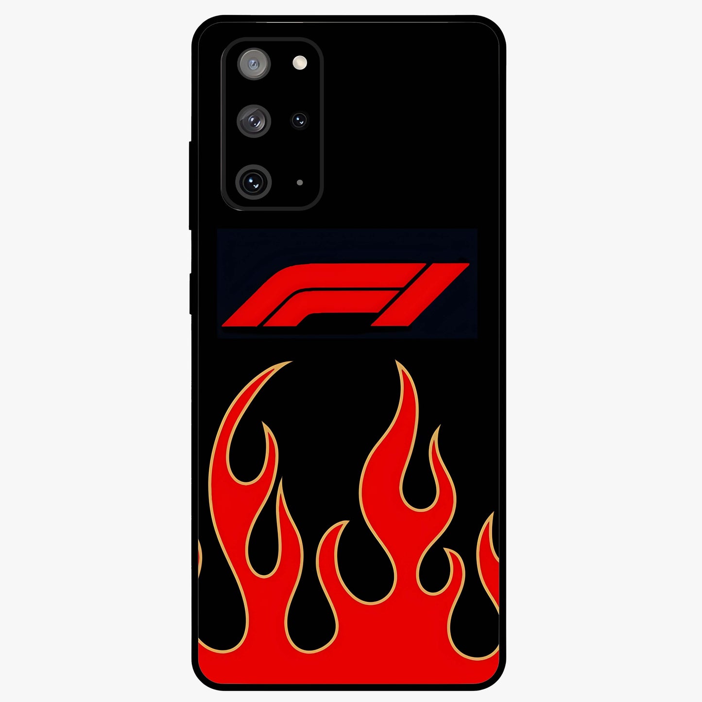 Fire F11 Glass Case showing flat back view with fiery themed artwork and glossy glass finish.