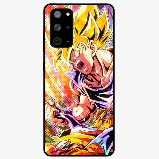 Firing Goku Glass Case showing flat back view with powerful anime inspired artwork and glossy glass finish.