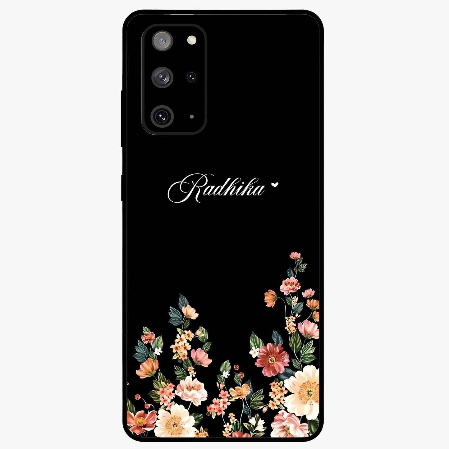 Floral Design With a Custom Personalized Name Glass Case showing flat back view with floral artwork and personalized name design.