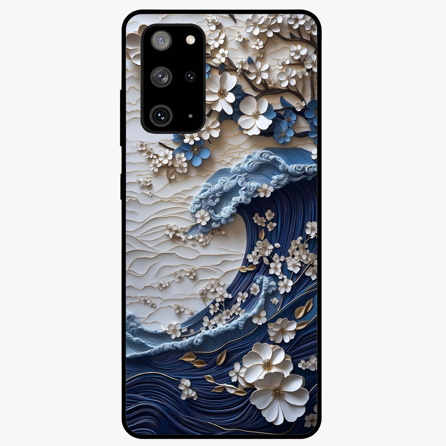 Floral Wave Origami Glass Case showing flat back view with origami inspired floral wave artwork and glossy glass finish.