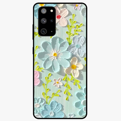 Frosted Petal Garden Glass Case showing flat back view with soft frosted floral artwork and glossy glass finish.