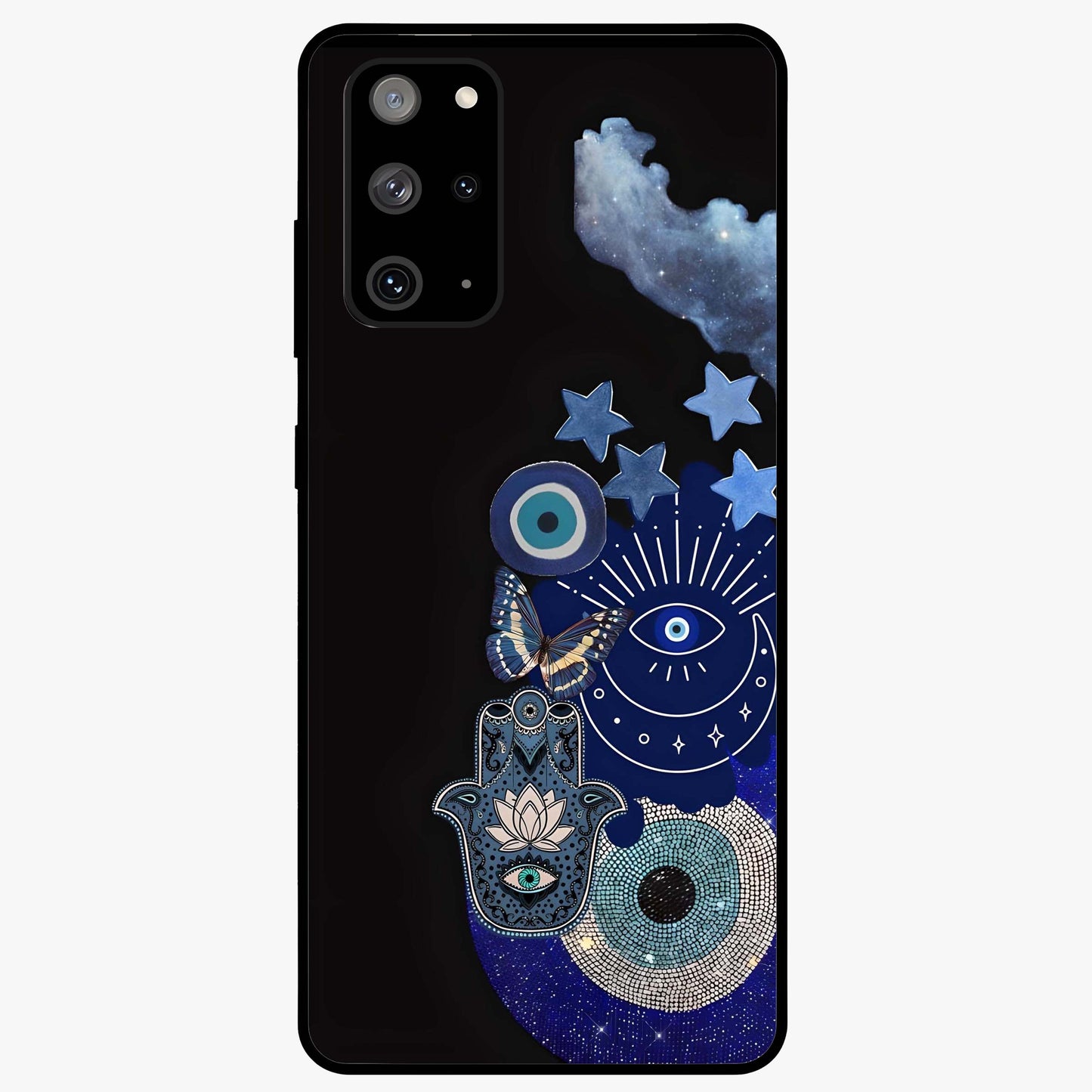 Galactic Charm Cluster Glass Case showing flat back view with glowing celestial charm artwork and glossy glass finish.