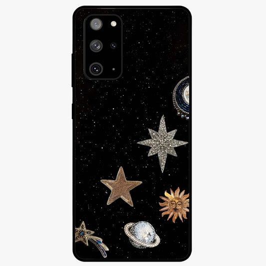 Galactic Charm Glow Glass Case showing flat back view with glowing celestial charm artwork and glossy glass finish.