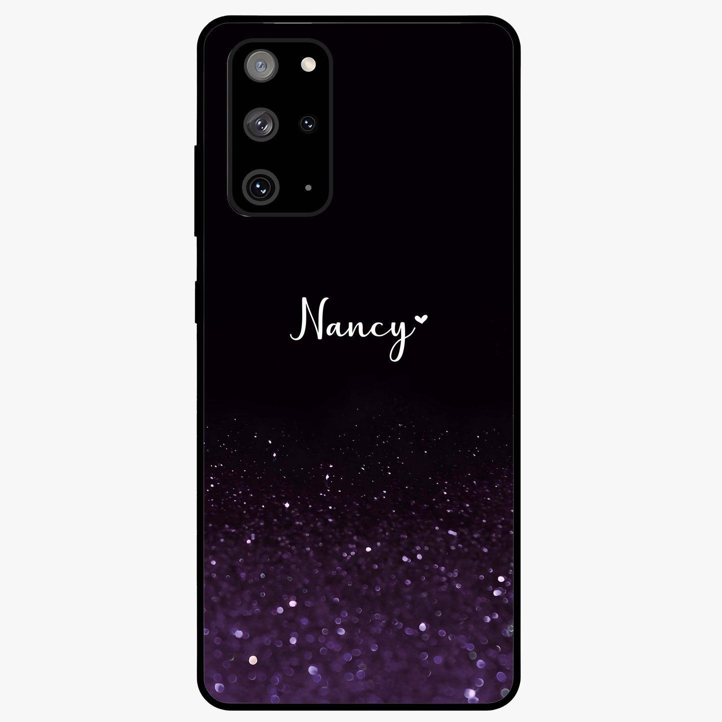 Glittery Purple Bokeh Custom Name Glass Case showing flat back view with purple bokeh sparkle artwork and personalized name design.