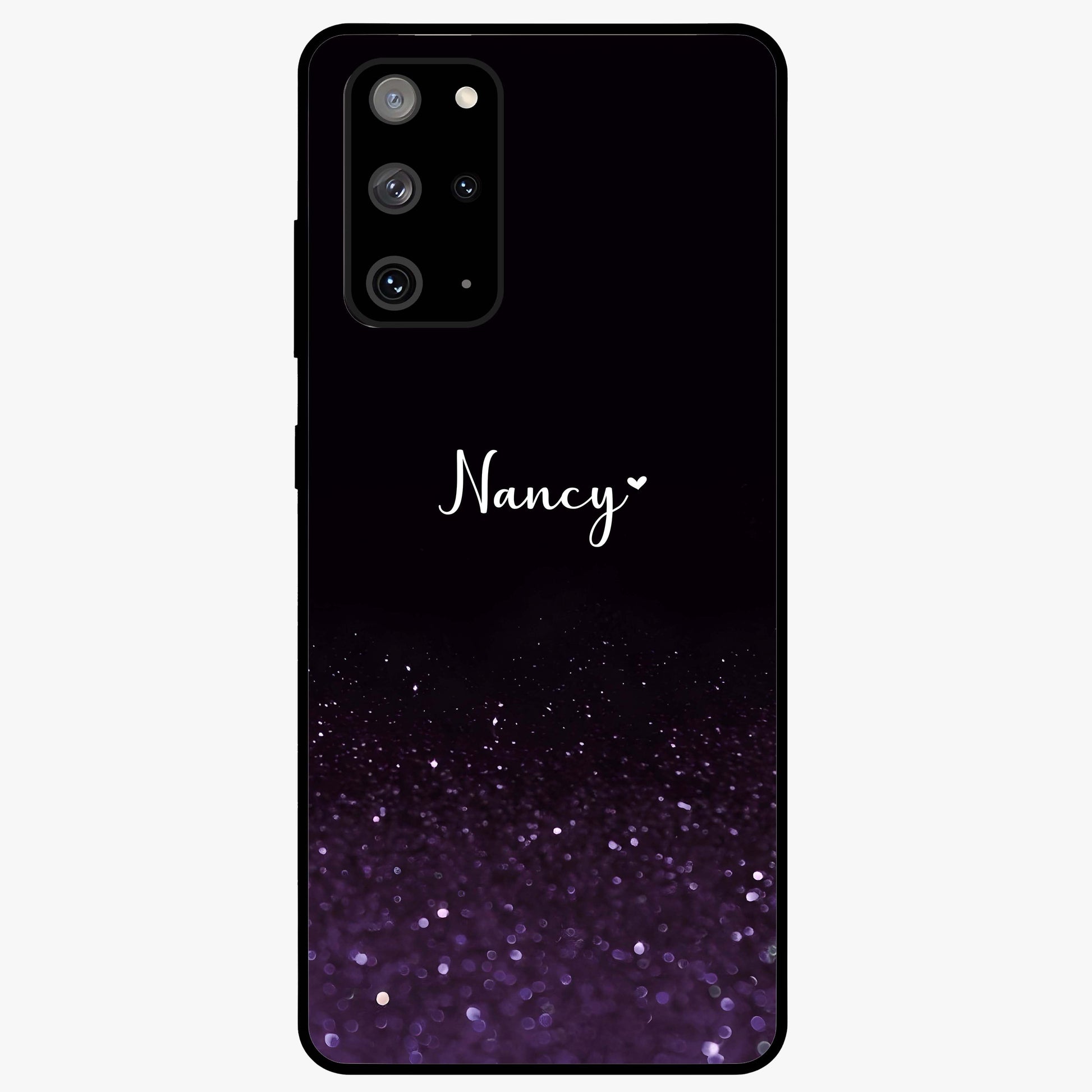 Glittery Purple Bokeh Custom Name Glass Case showing flat back view with purple bokeh sparkle artwork and personalized name design.