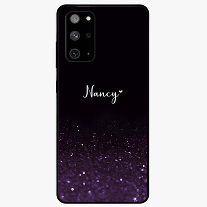 Glittery Purple Bokeh Custom Name Glass Case showing flat back view with purple bokeh sparkle artwork and personalized name design.