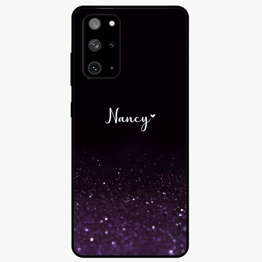 Glittery Purple Bokeh Custom Name Glass Case showing flat back view with purple bokeh sparkle artwork and personalized name design.