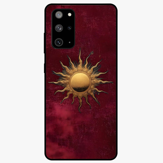 Gold Sun Blush Glass Case showing flat back view with golden sun inspired artwork and glossy glass finish.